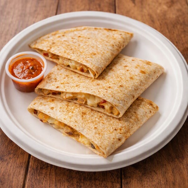 Three folded quesadillas with melted cheese and vegetables, served with a side of salsa on a white plate.