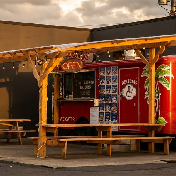 Red "DELICIAS" food truck with an "OPEN" sign, wooden pergola, and picnic tables in an outdoor setting.