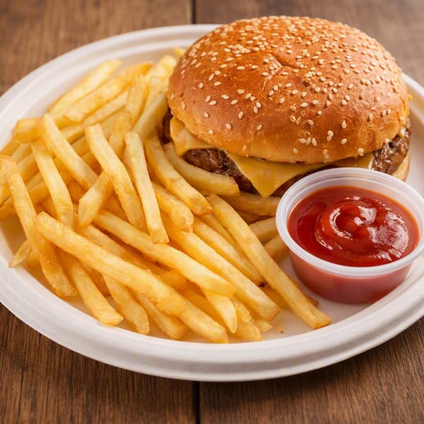 Cheeseburger with fries and a side of ketchup on a white plate, on a wooden table.