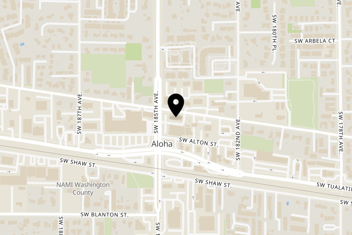 Map showing the location of Delicias Pupuseria Aloha on 3460 SW 185th Ave Ste A in Beaverton