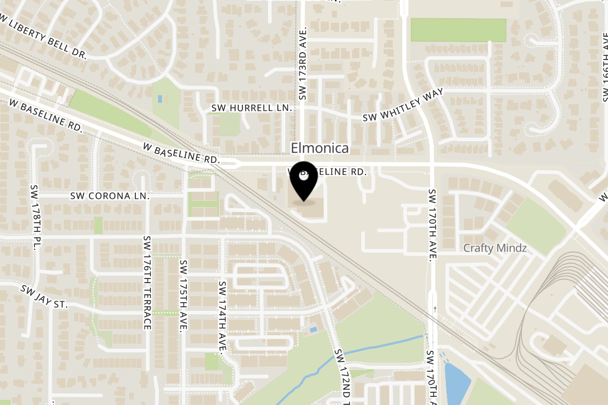 Map showing the location of Delicias Pupuseria Beaverton on 17300 SW Baseline Rd in Beaverton
